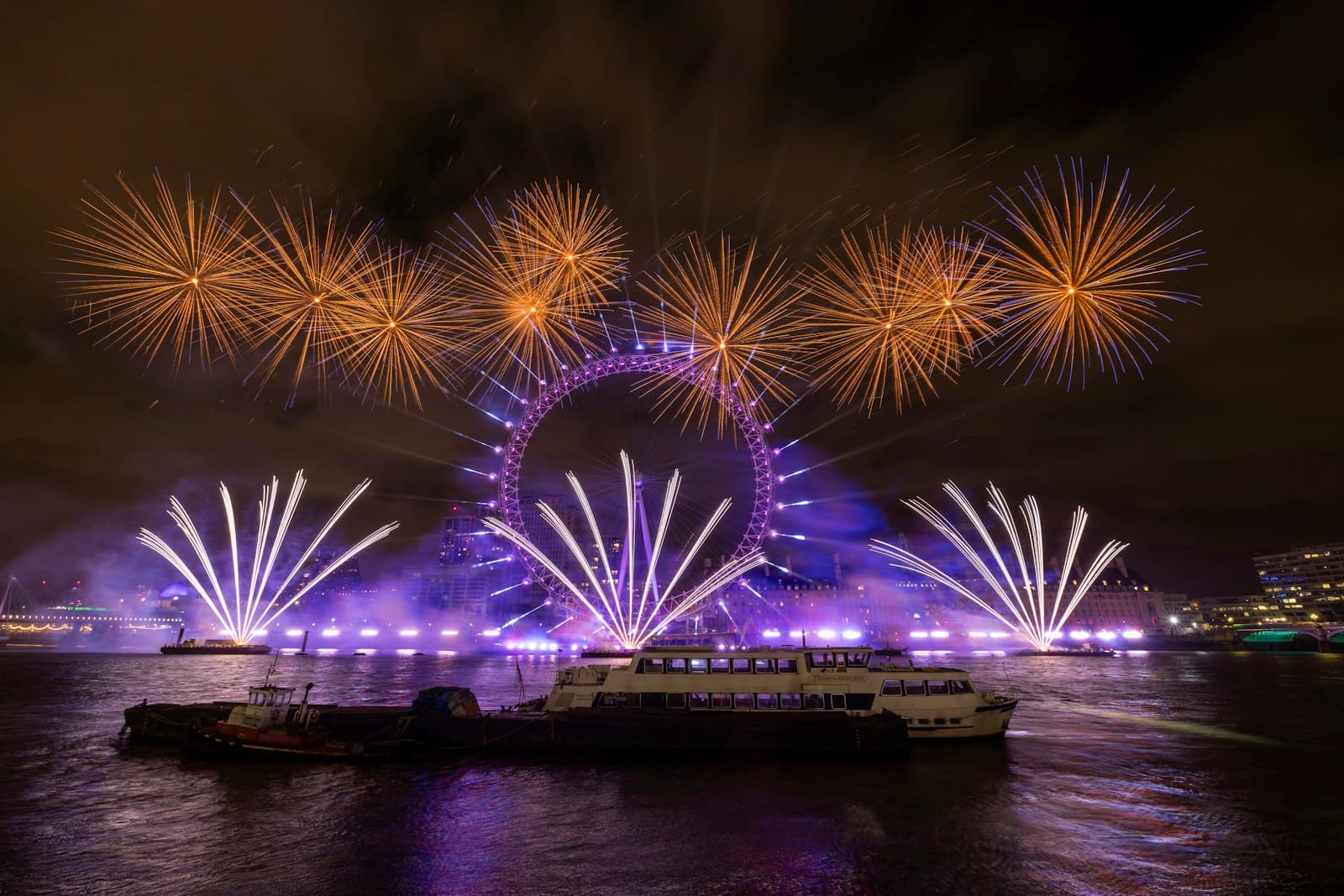 New Year fireworks above the London Eye at midnight — representing the UK's Hogmanay and New Year's Eve celebrations