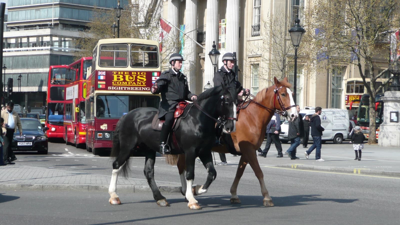 Metropolitan Police mounted officers on duty at Trafalgar Square, London